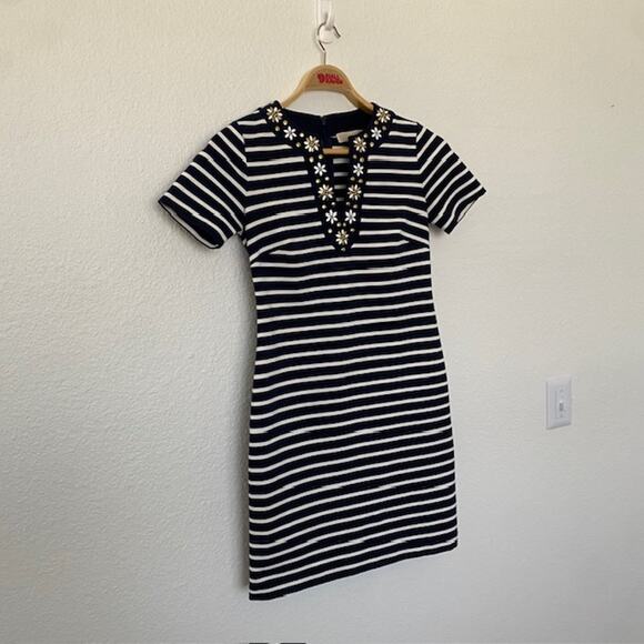 MICHAEL Michael Kors Navy & White Striped Sheath Dress Floral Stud‎ Women's XS - Picture 11 of 14